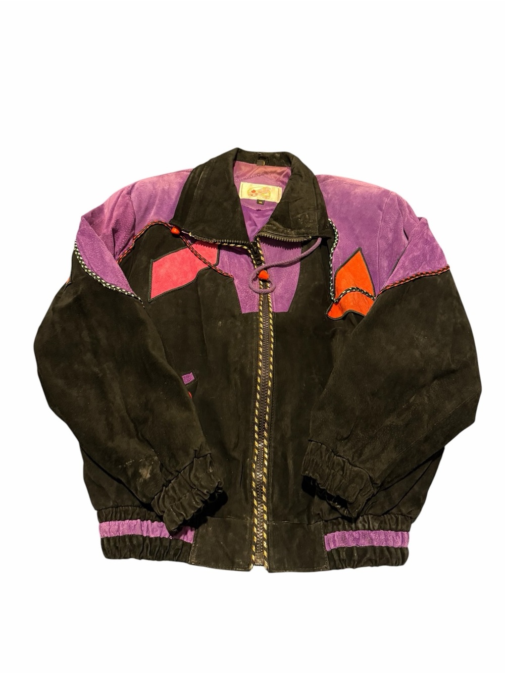 Adler Black Suede Bomber Jacket with Purple & Orange Accent Panels,SZ M,pre-own